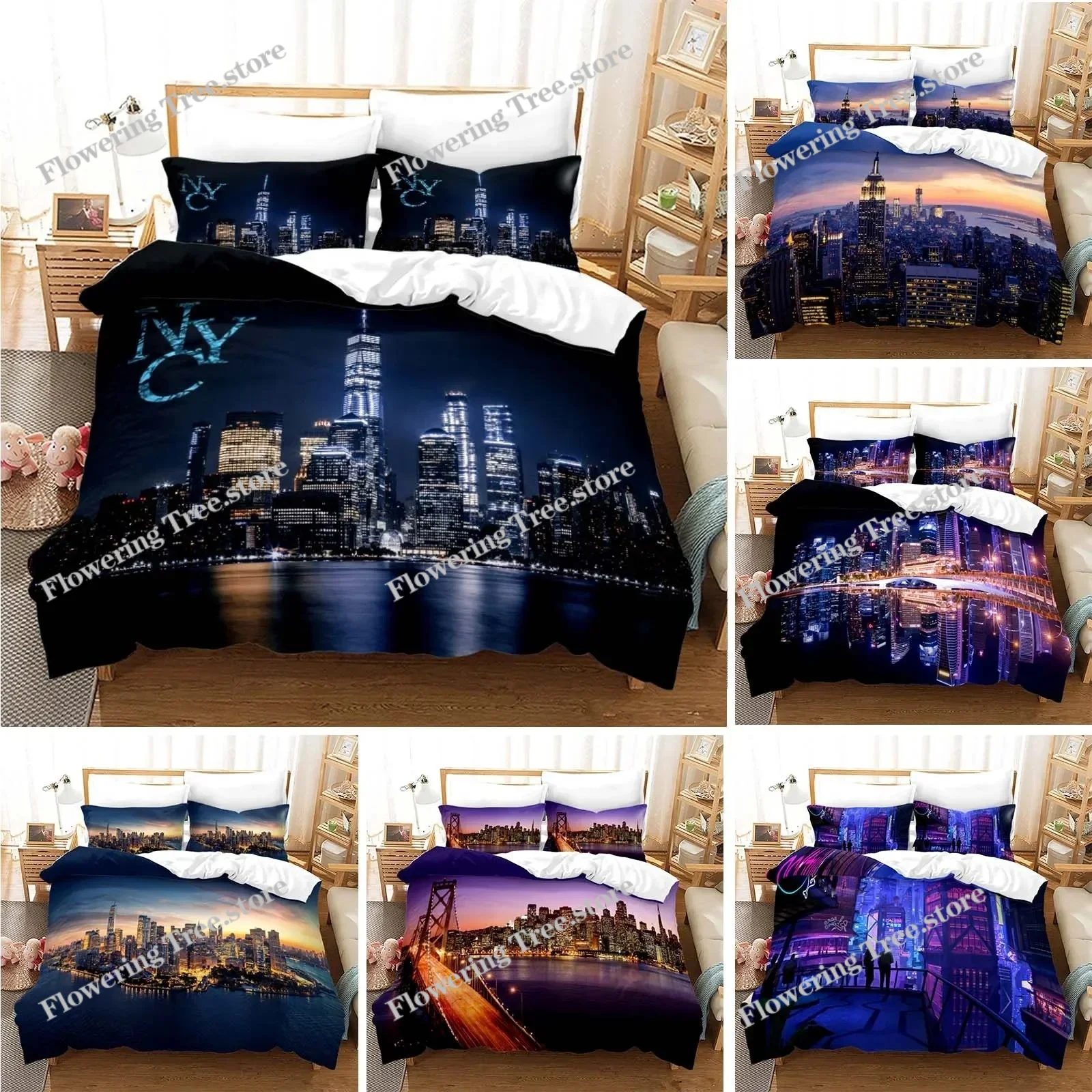 Home Textiles New York - ชุดเครื่องนอนลายวิวกลางคืนเมืองนิวยอร์ก ขนาดควีนไซส์/คิงไซส์ ผ้าห่ม ปลอกผ้านวม ปลอกหมอน ชุดเครื่องนอนเนื้อนุ่ม