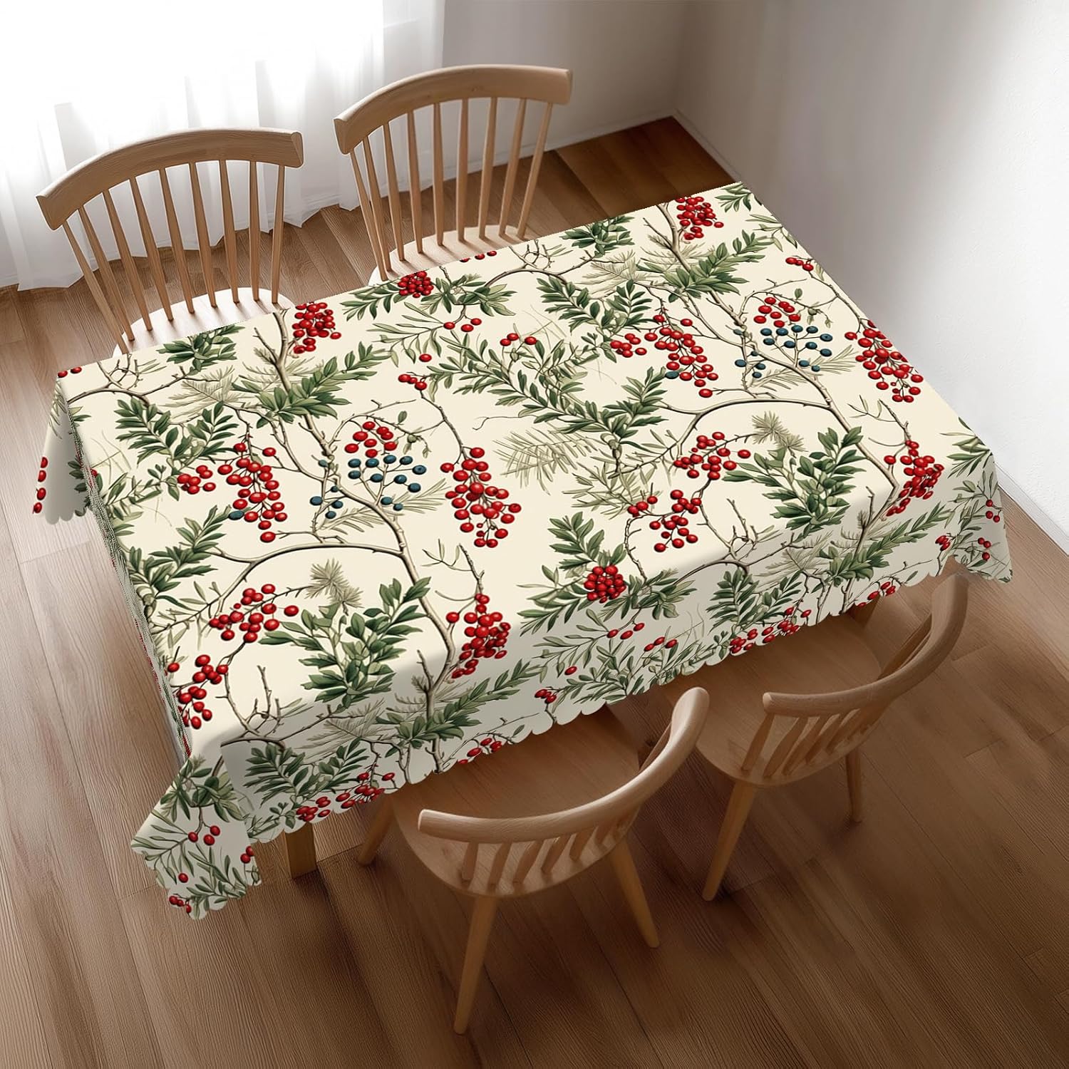 Home Textiles Premium - ผ้าปูโต๊ะคริสต์มาสลายฮอลลี่เบอร์รี่สีน้ำ ผ้าคลุมโต๊ะลายพฤกษศาสตร์ฤดูหนาวระดับพรีเมียมสำหรับการรับประทานอาหารในวันหยุดที่หรูหรา