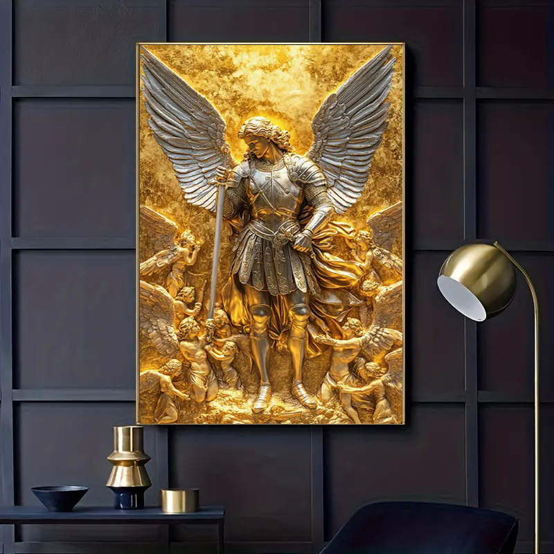 Home Textiles Products - รูปปั้นเทวดามิคาเอลสีทอง ภาพพิมพ์บนผ้าใบสำหรับตกแต่งผนัง โปสเตอร์และภาพพิมพ์บนผ้าใบสำหรับตกแต่งห้องนั่งเล่นและบ้าน