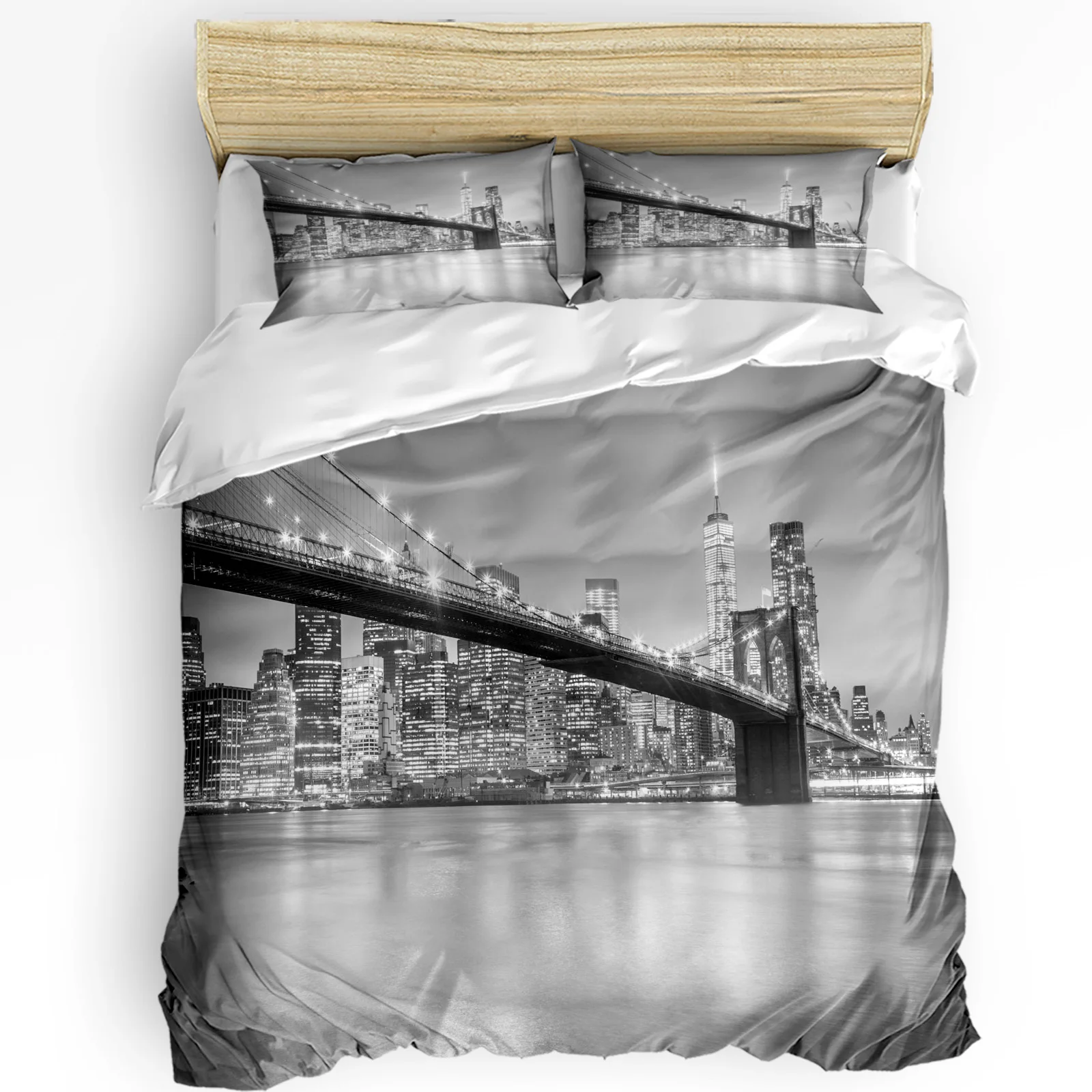 Home Textiles New York - ชุดเครื่องนอน 3 ชิ้น สีเทา ลายวิวเมืองนิวยอร์ก ผ้าปูที่นอน