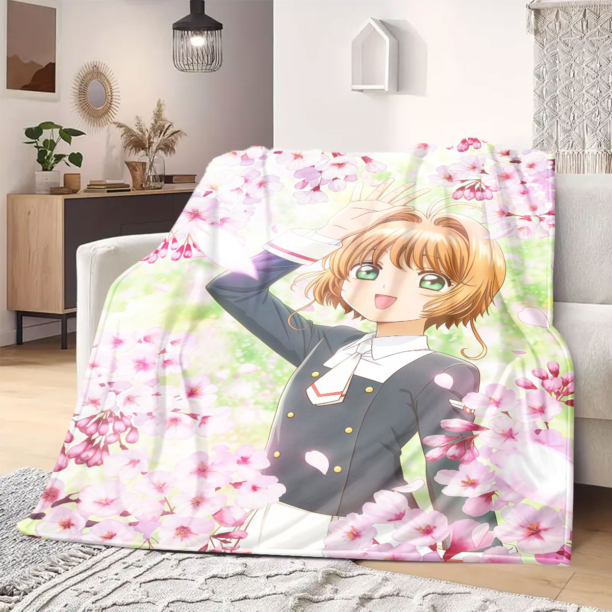Home Textiles Premium - คาร์ดแคปเตอร์ ซากุระ พรีเมี่ยม พริ้นท์ ผ้าห่มผ้าสักหลาด, ผ้าห่มตกแต่งลายการ์ตูนสำหรับโซฟา,