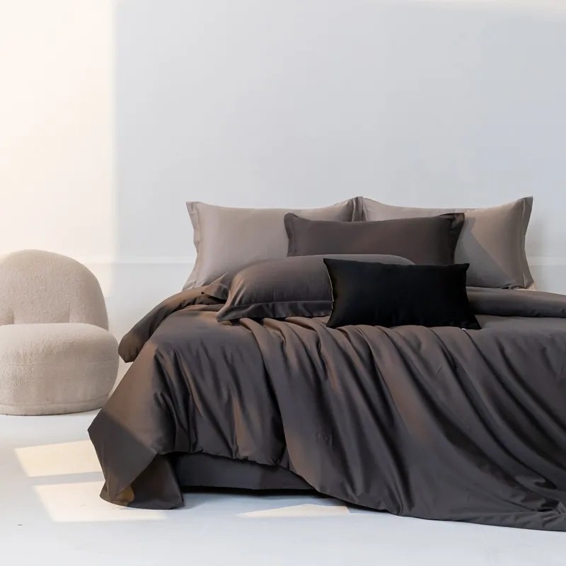 Home Textiles Premium - ชุดเครื่องนอนผ้าฝ้ายอียิปต์1400TC เตียงควีนไซส์แบบคู่ผ้าคลุมเตียงนุ่มสีดำเรียบ